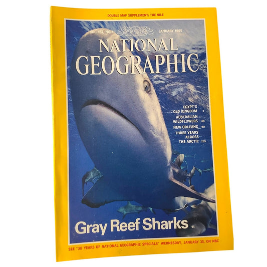 National Geographic Magazine January 1995, Nile, Australia, New Orleans, Sharks