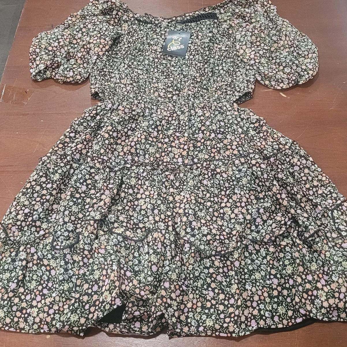 Art Class Girls' Smocked Bodice Cut‑Out Chiffon Dress – Black Floral – XXL