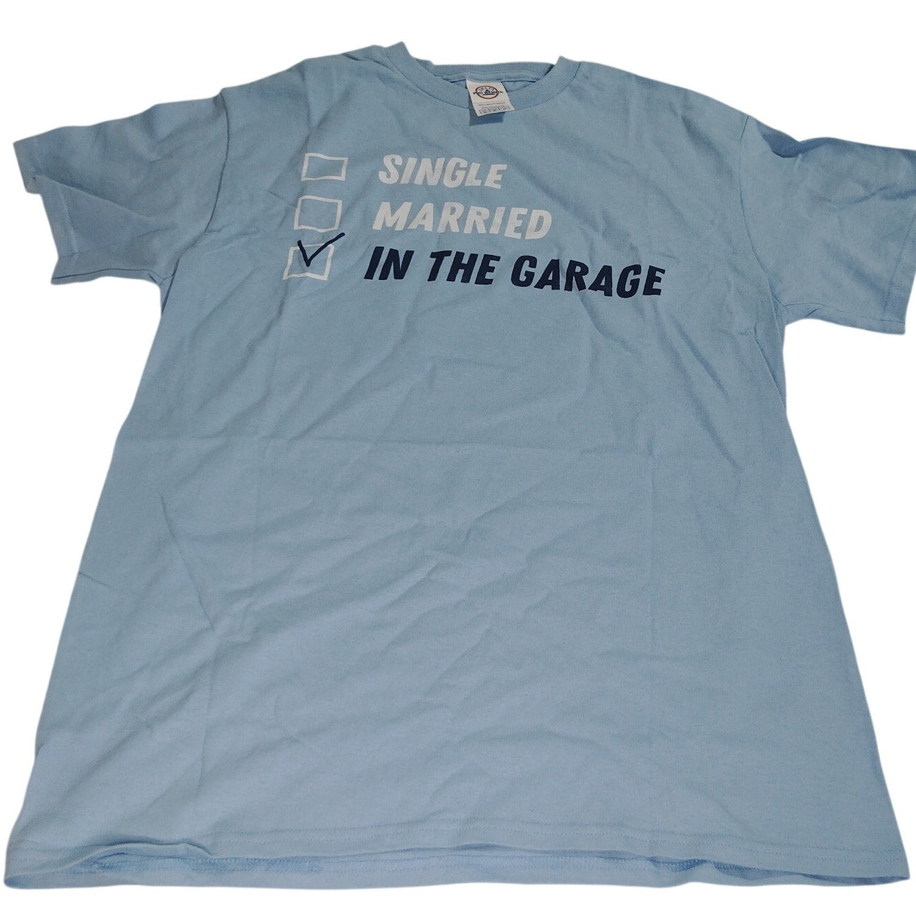 Men's Humorous T-Shirt  ☐ Single  ☐ Married  ☑ In the Garage, Med., Pre-Shrunk