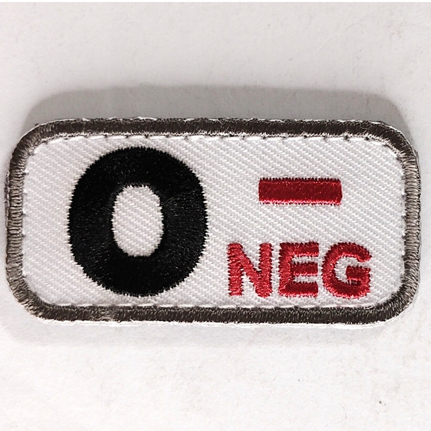 O NEG Blood Type Patch White on Black w/ Gray Border 2" × 1" Hook‑Back