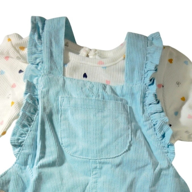Little Me Baby Girls 2‑Piece Heart Print Top and Overalls Set Blue 24M