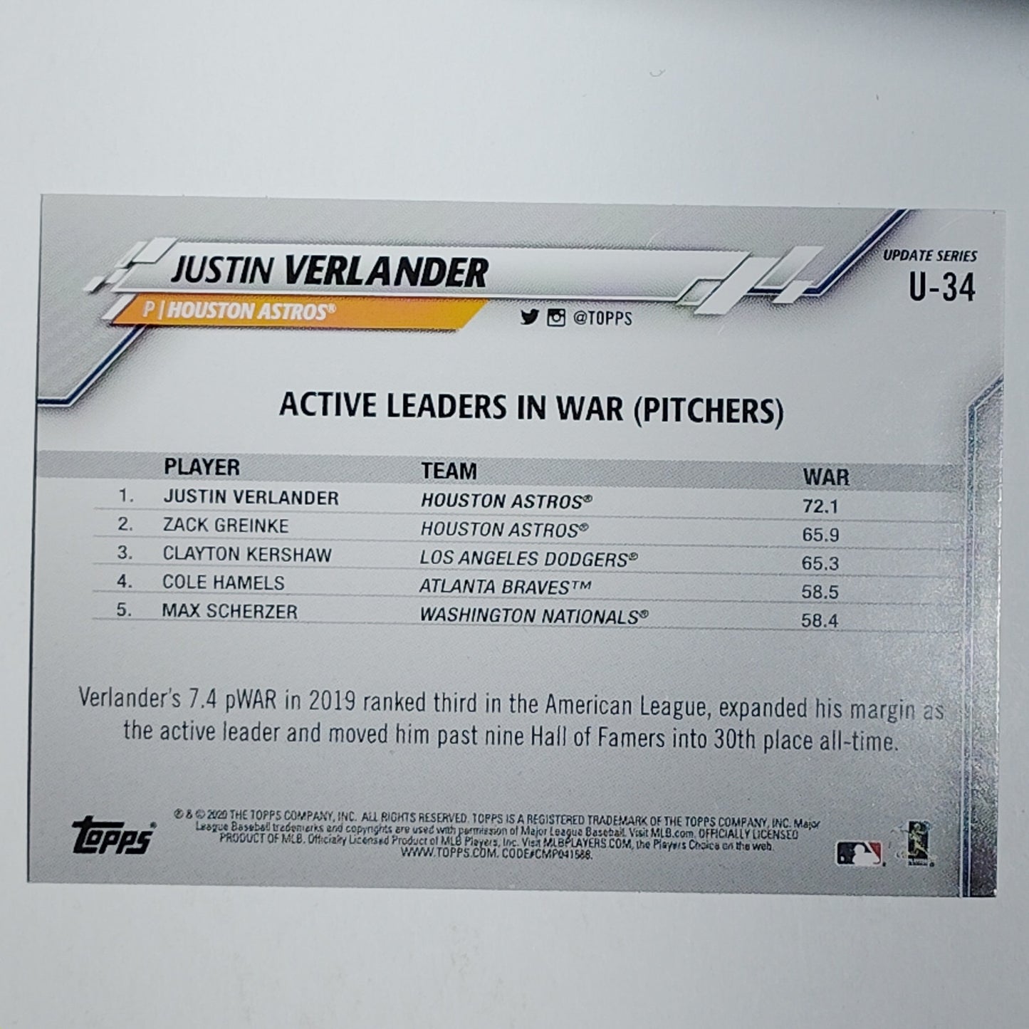 2020 Topps Update #U-34 Justin Verlander Houston Astros Pitcher - VG/EX