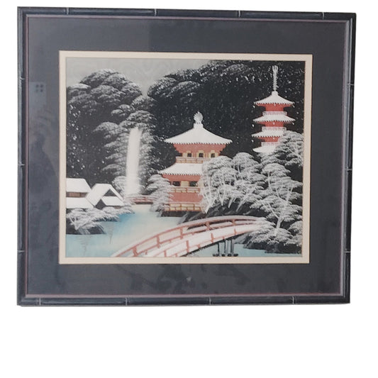 1970's Framed Japanese Silk Painting - Snowy Pagoda Bridge Scene, Black Frame