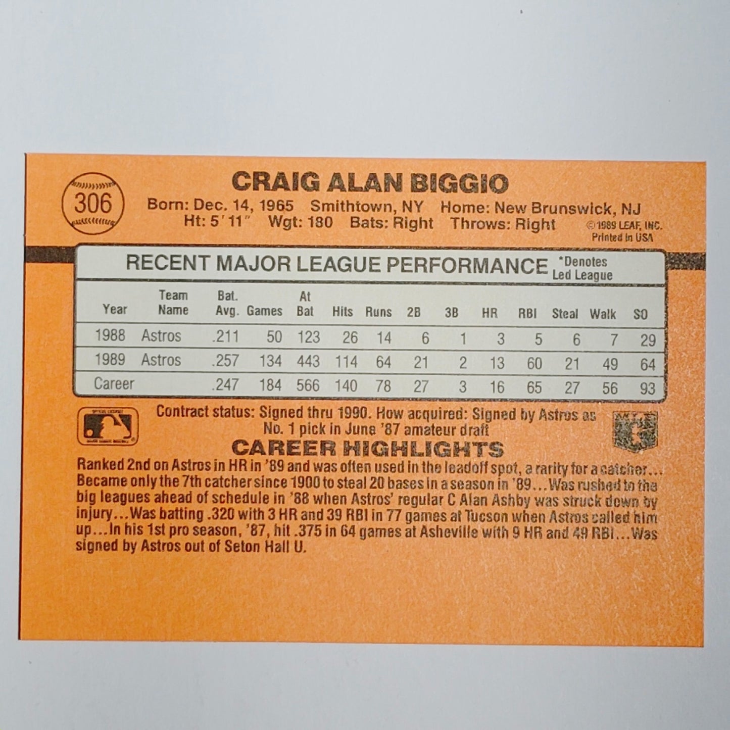 1990 Donruss #306 Craig Biggio Houston Astros Catcher - VG/EX