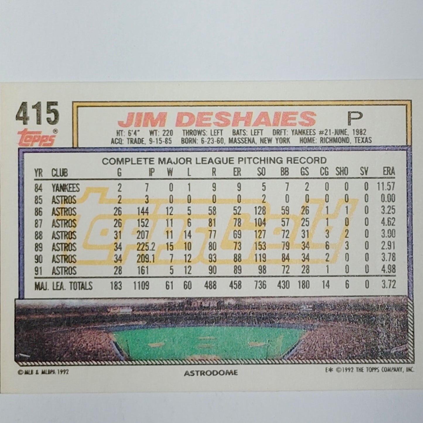 1993 Topps #415 Jim Deshaies Gold Foil Winner Houston Astros Pitcher - VG/EX
