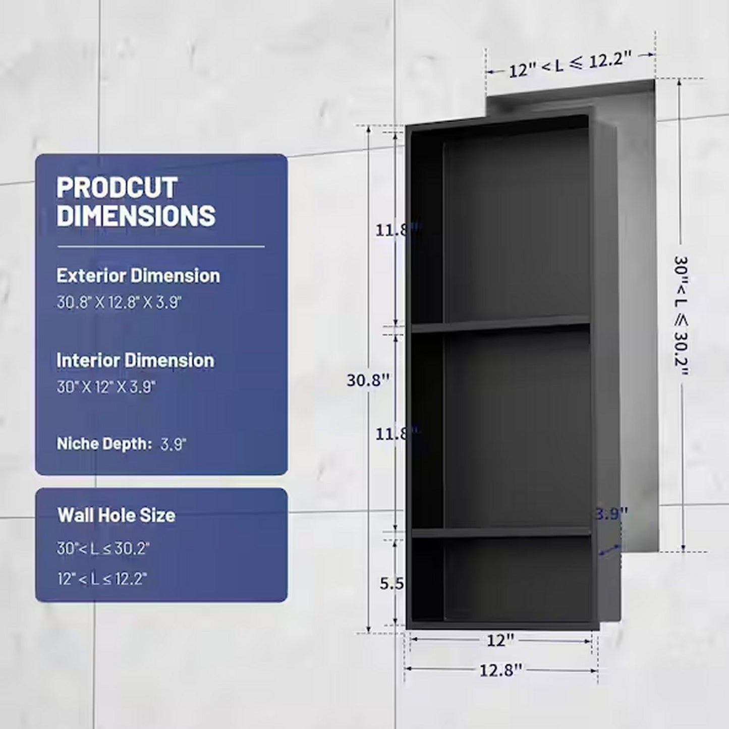 HOMEMYSTIQUE Stainless Steel Shower Niche – Matte Black – 13"W x 31"H x 4"D