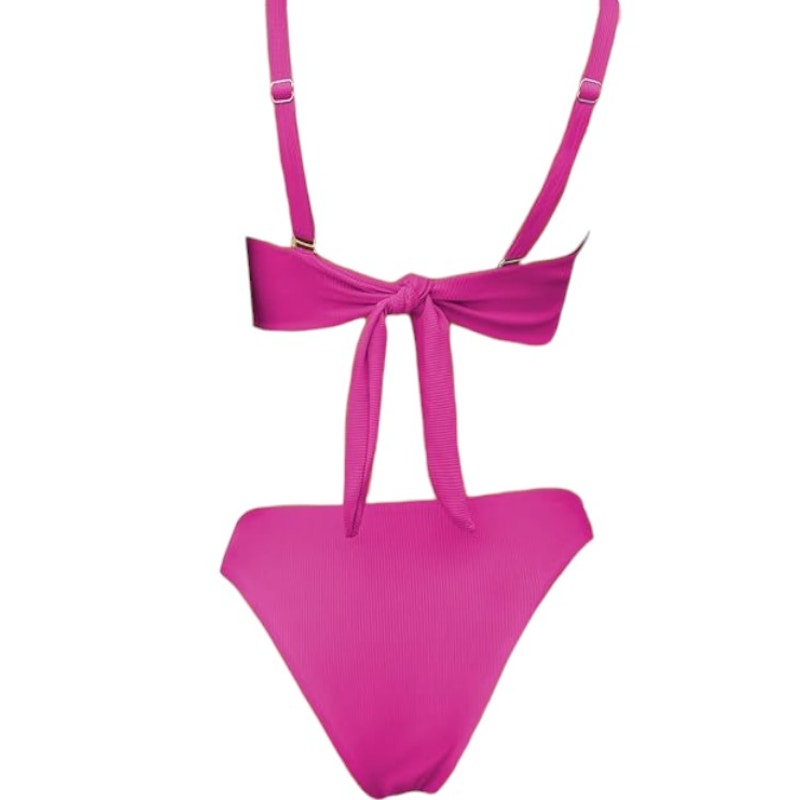 ZAFUL Ribbed Underwire Bikini, High Cut V-Notch Smocked, High Leg, Pink, S (4)