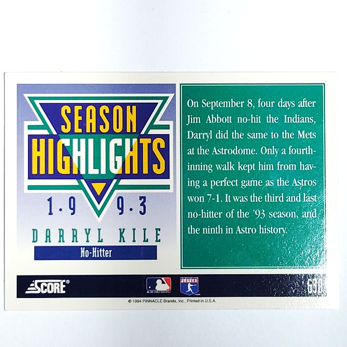 1994 Score Season Highlights Darryl Kile Card #630 Houston Astros P VG/EX