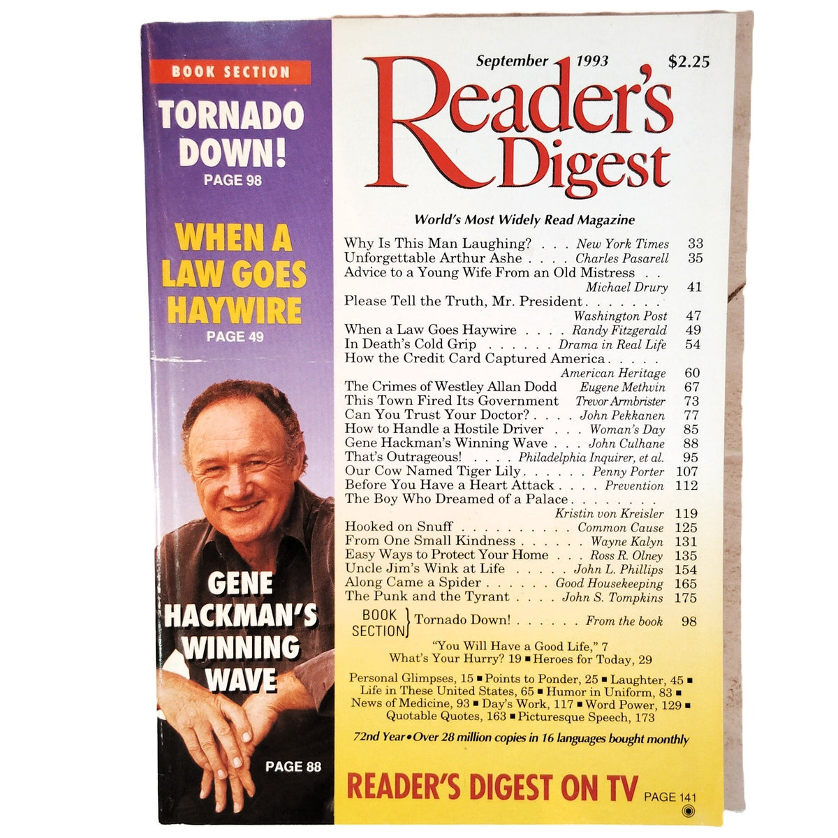 Reader's Digest September 1993 Gene Hackman Cover Vintage Magazine Back Issue