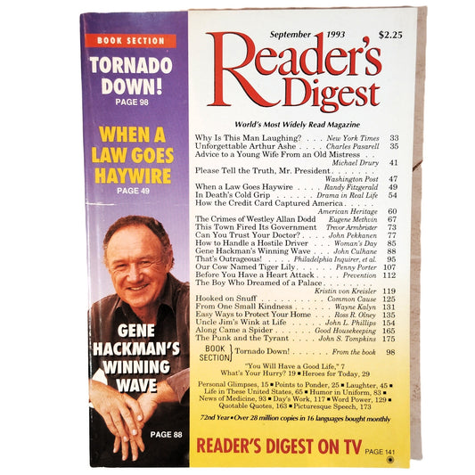 Reader's Digest September 1993 Gene Hackman Cover Vintage Magazine Back Issue