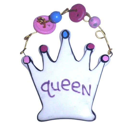 VTG Ceramic Queen Crown Plaque, 2.25" x 2.25" with 1.25" Copper/Beaded Hanger