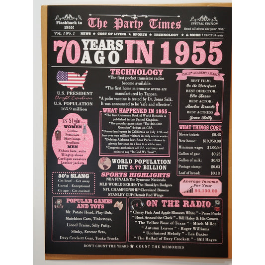 70th Birthday Card with Envelope – Back in 1955 – 8" x 11" – Vintage Style
