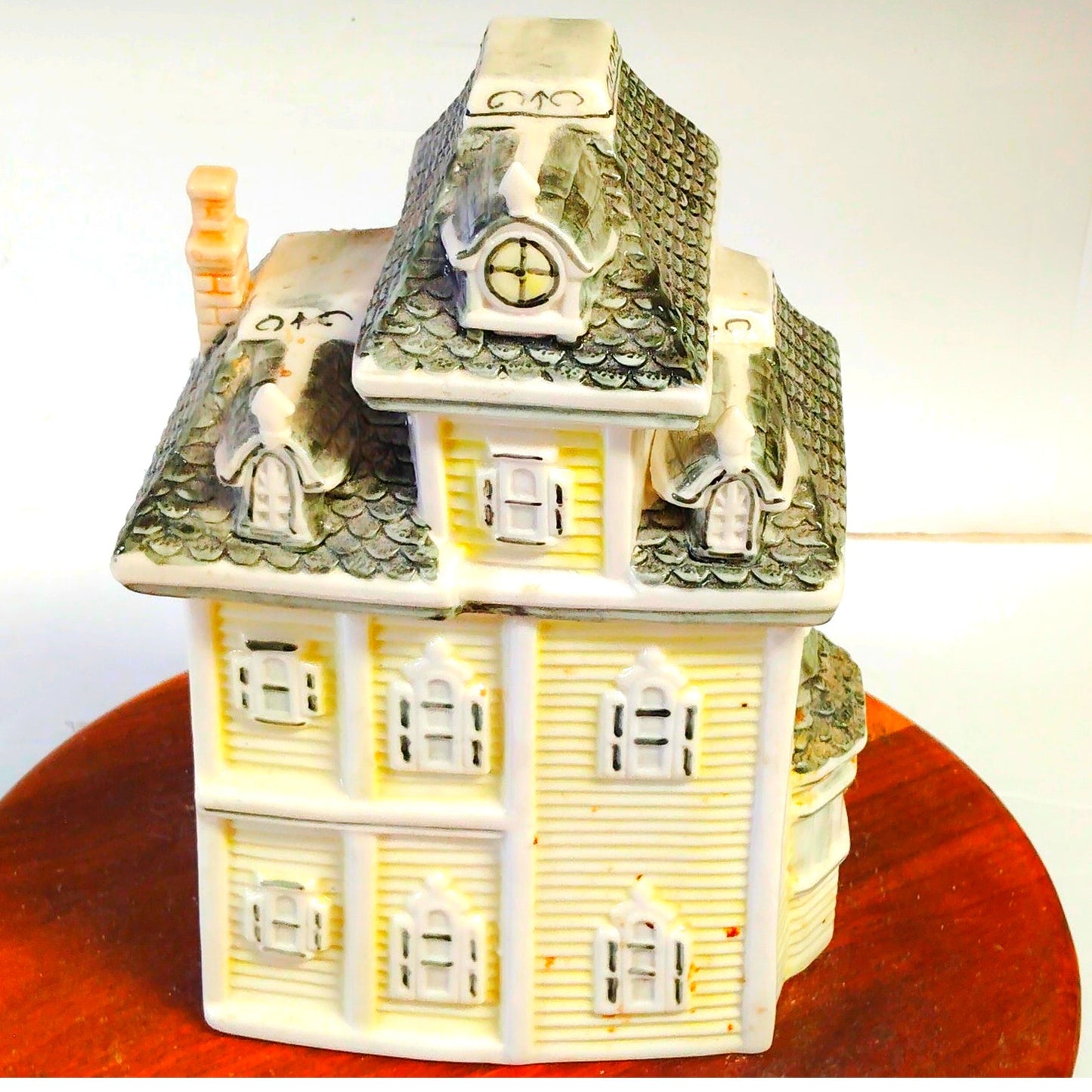 Vintage Victorian House Cookie Jar Yellow Gray Ceramic Mansion Design