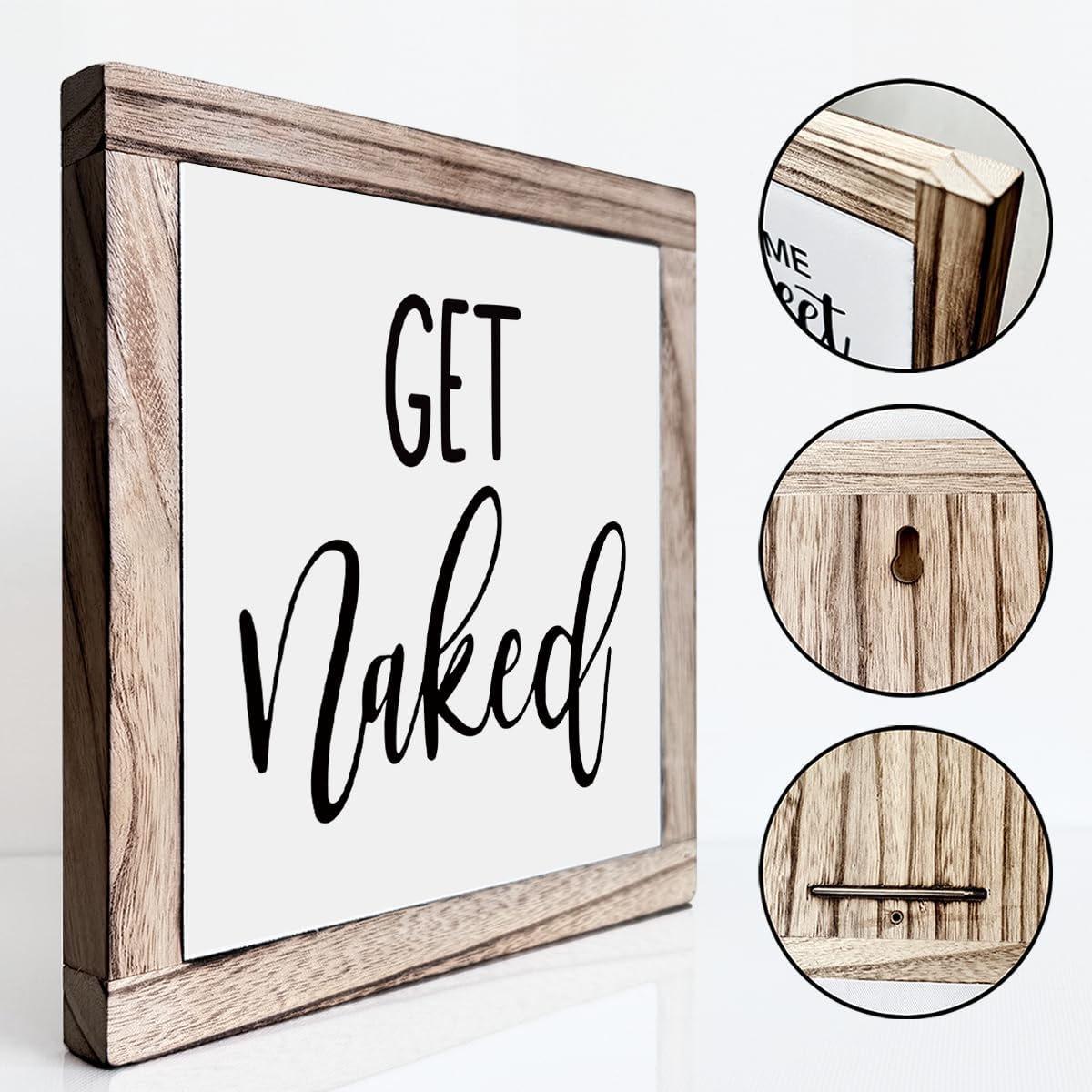 Get Naked Bathroom Sign – Funny Rustic Wood Plaque, 7.9" Sq., Bathroom Décor
