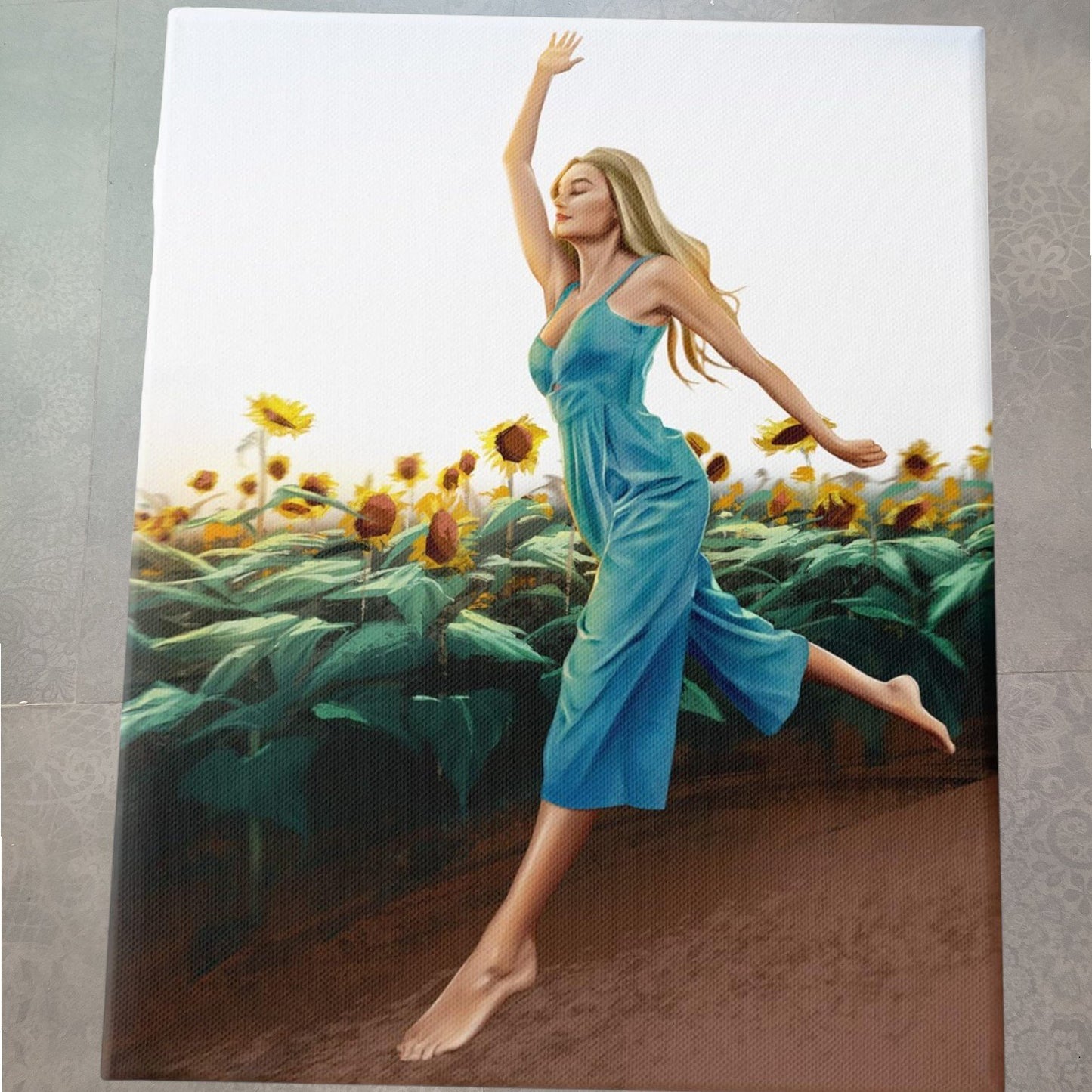 16x20 Woman in Sunflowers, Stretched Canvas, Wood Frame Wall Art Design/Ziwei Li