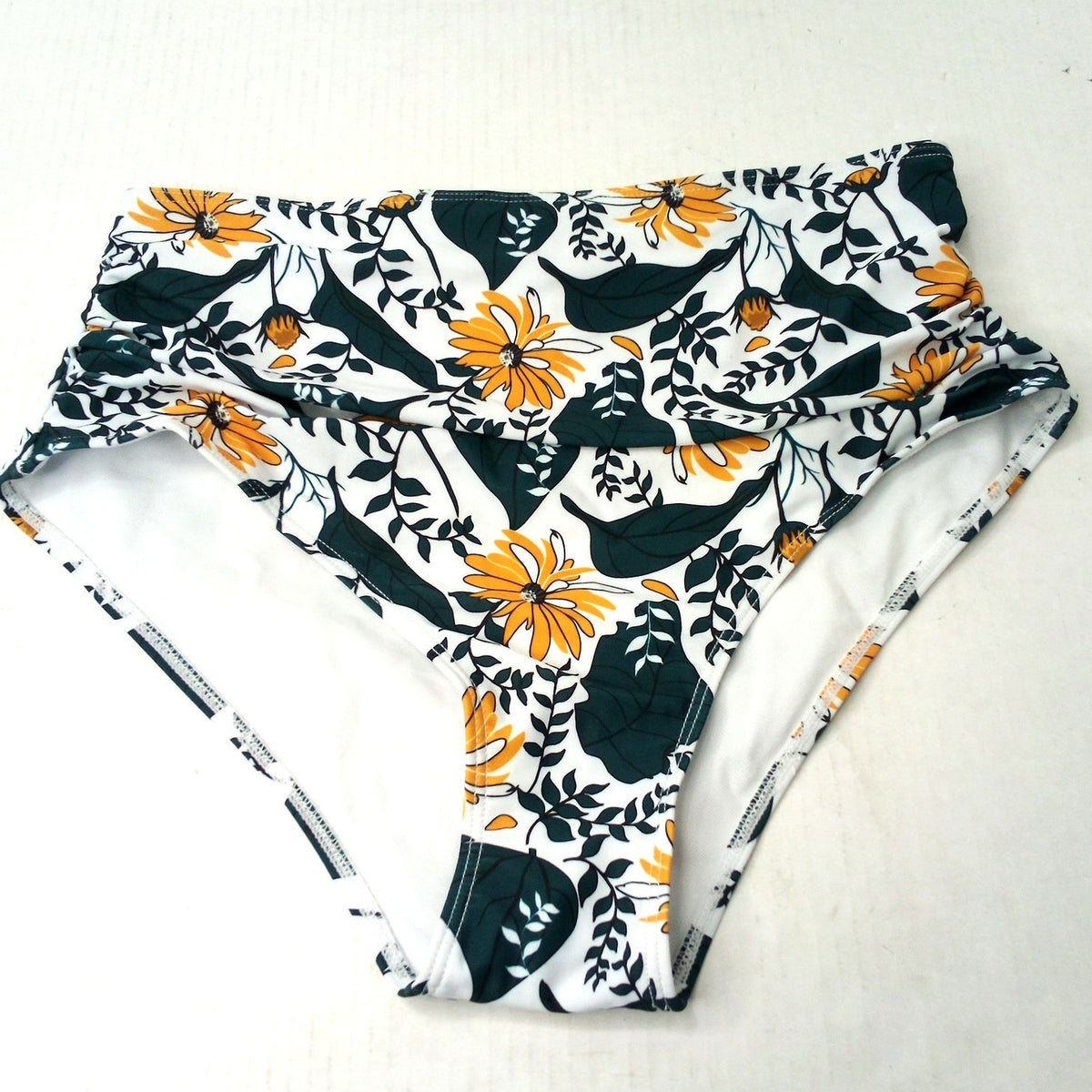 Women's High Waisted Floral Swim Bikini Bottoms Size L Yellow Green Daisy