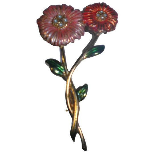 Vintage Floral Brooch Pin, 4 Sm Pearl Anthers on Each Flower, Peach Shade Flowers