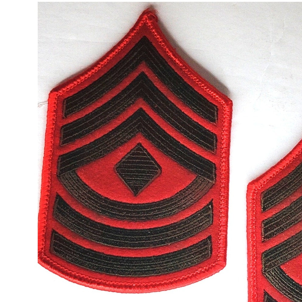 USMC First Sergeant E‑8 Chevrons Green on Red Female Size Sew‑On 4‑1/2" × 2‑7/8"