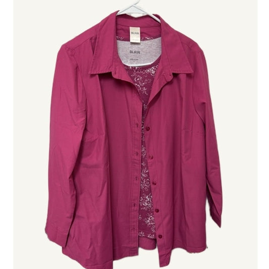 Blair Women's Pink Floral 3/4 Sleeve Top & Button-Up Shirt 2-Piece Set Large