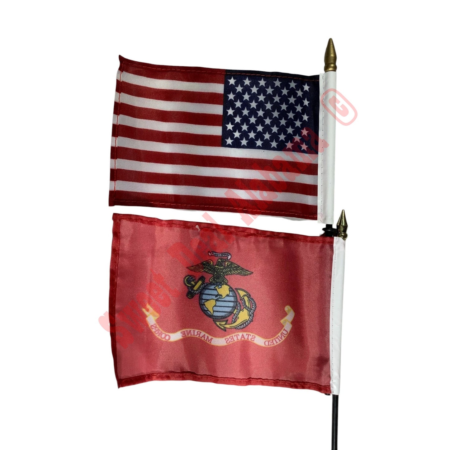 6-PK Flags, U.S. Flag (1) & USMC Flags (5)- 6"W x 4"H on 11" Black Plastic Staff