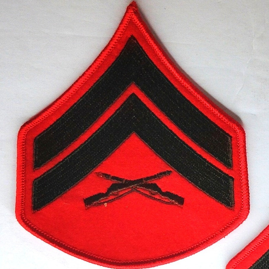USMC Corporal E‑4 Chevrons Green on Red Male Size Sew‑On 4‑1/2" × 3‑3/4" Pair