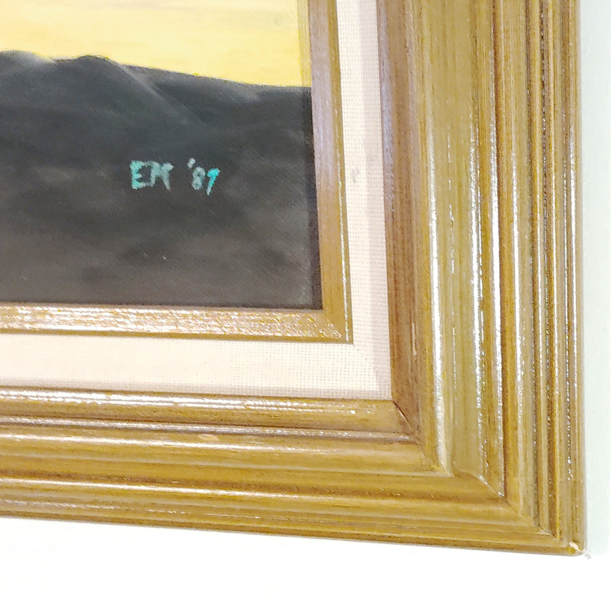Vintage 1987 Framed Lighthouse Painting Signed EM '87 Coastal Canvas Gold Frame