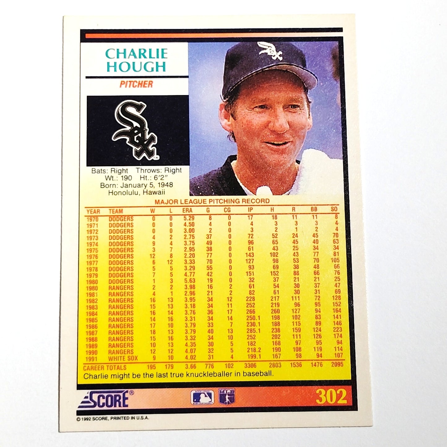 1992 Score Charlie Hough #302 Chicago White Sox Pitcher MLB Baseball NM