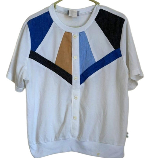 Blair Colorblock Button-Front Knit Top Size L White Blue USA Vintage