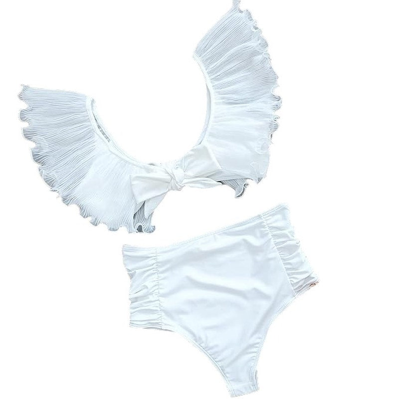 Sporlike High Waisted Swim Pleated Lace Ruffle Bikini Padded, Milky, L (12-14)
