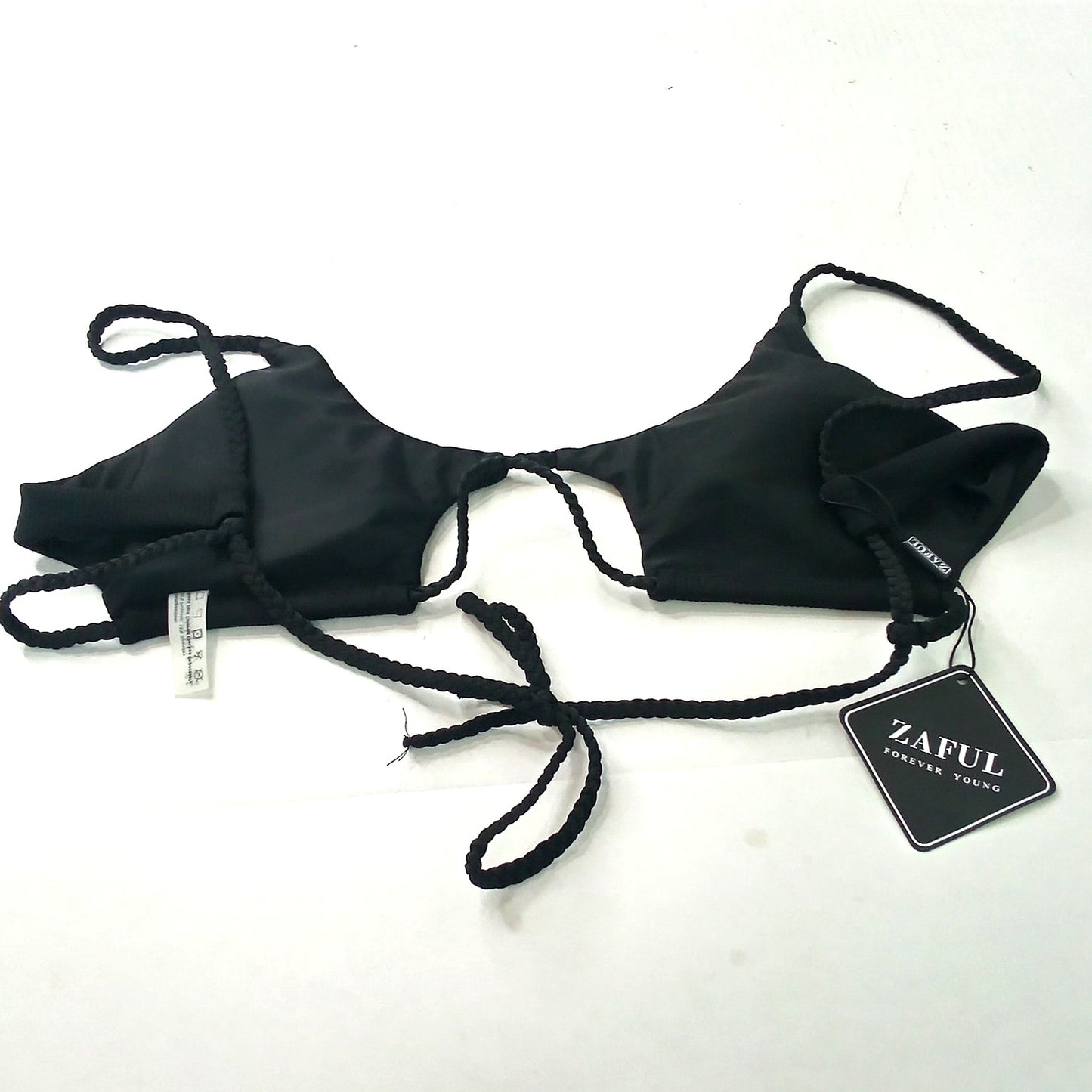 Zaful Black Triangle Bikini Top Women’s Large (US 8) Braided Strap Swimwear