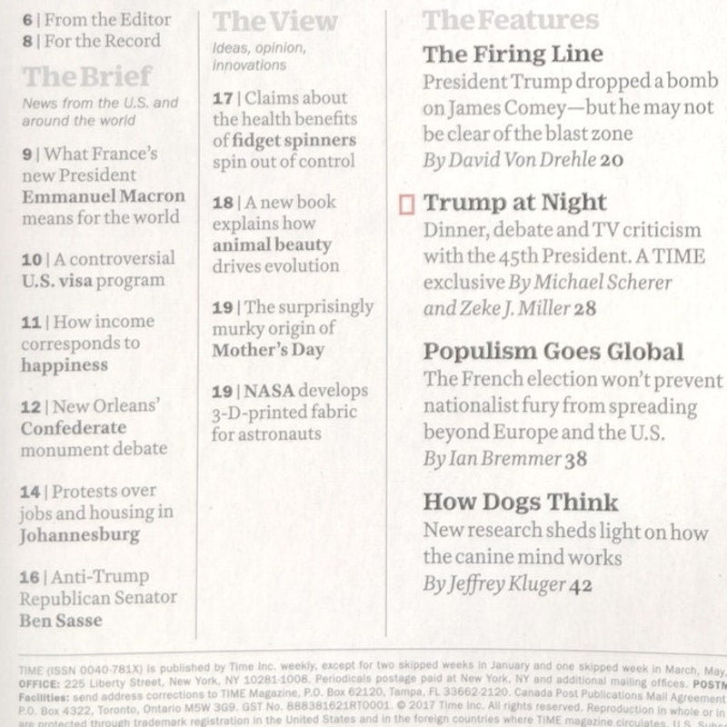Time Magazine May 22, 2017 James Comey Firing Vol 189 No 19 Back Issue