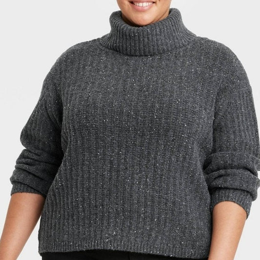 Women’s 3X Mock Turtleneck Cashmere‑Like Pullover Sweater – Dark Gray