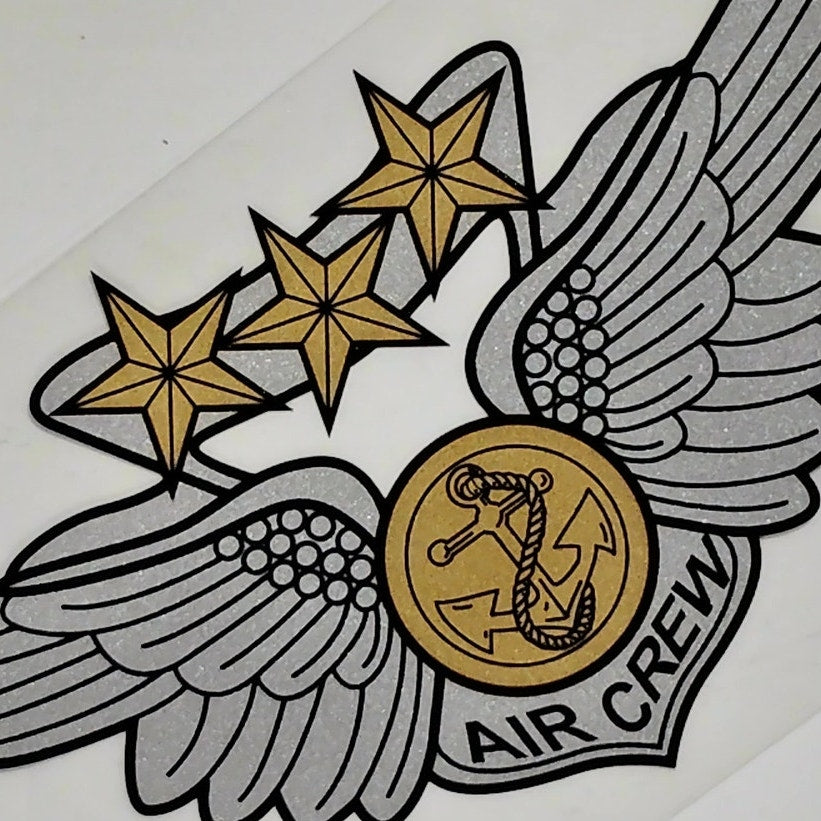 Combat Aircrew Badge Mylar Decal – 6.5" x 3" Silver Wings, Gold Anchor & Stars