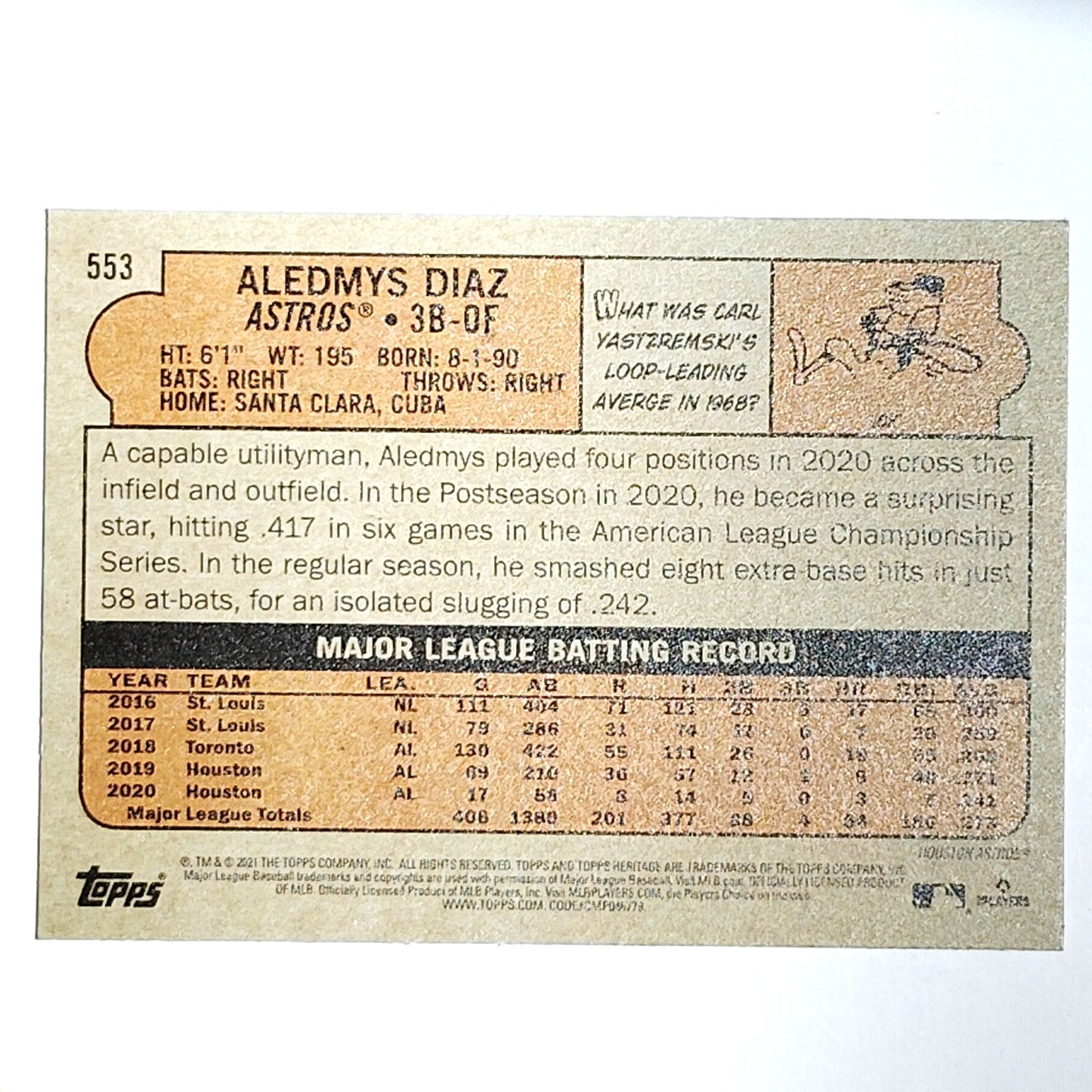 2021 Topps Heritage Aledmys Diaz 553 Houston Astros Utility Player VG/EX