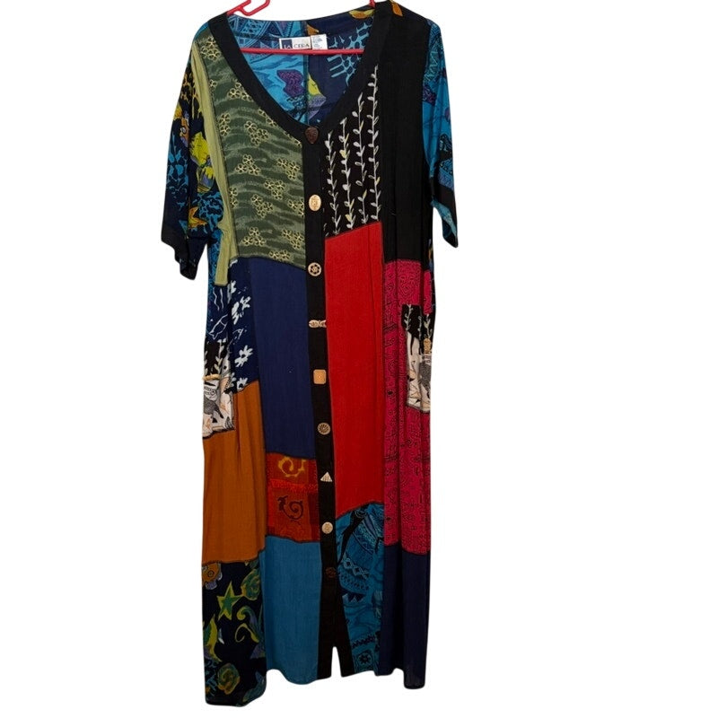 La Cera Women's Multicolor Sunflower Tie-Back Cotton Midi Dress L