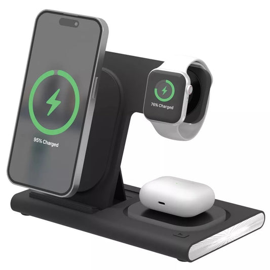 3-in-1 Portable Wireless Charger – Black – USB-C, 15W Output, Apple Watch/AirPods/iPhone Compatible