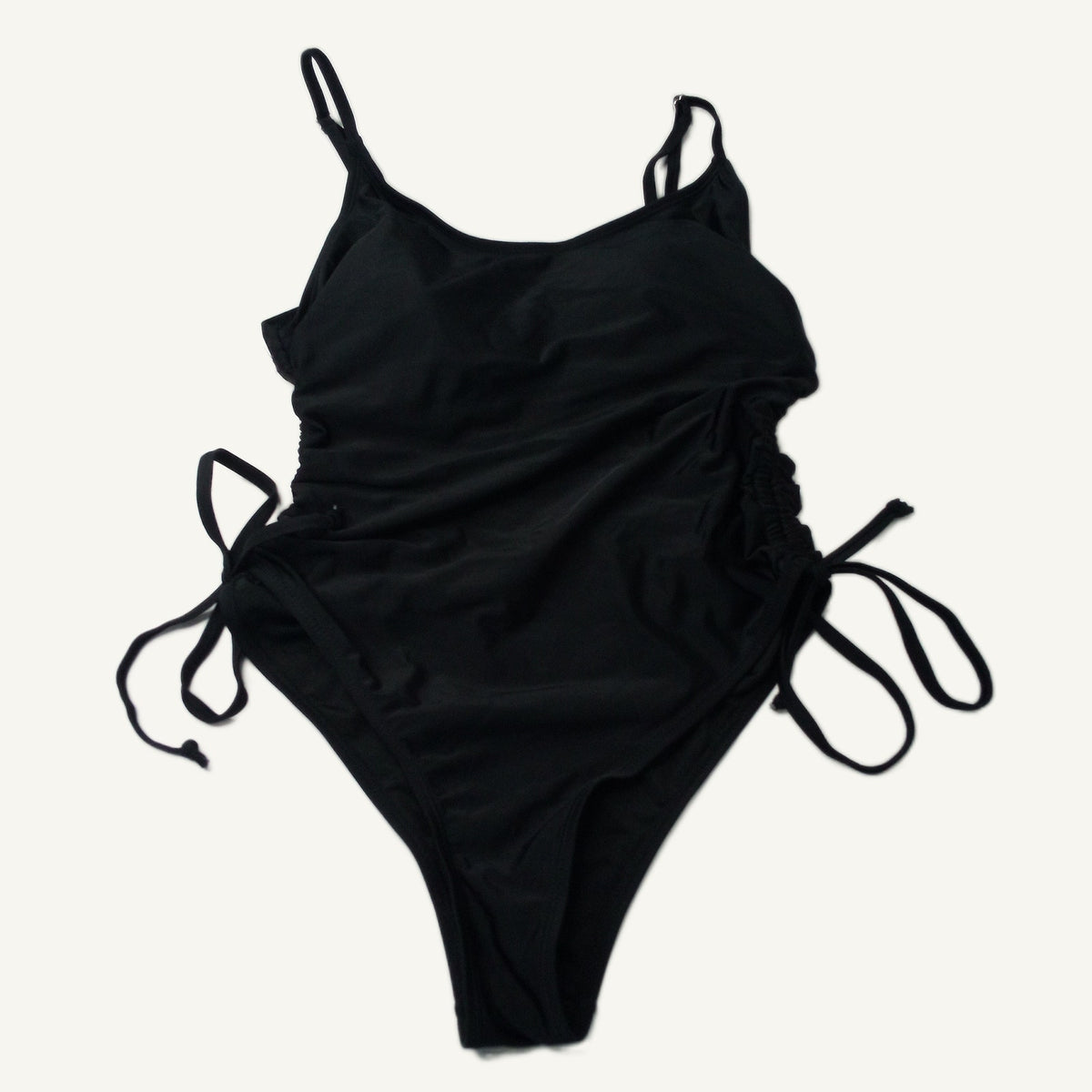 Black One-Piece Swimsuit Side Tie Ruched Spaghetti Strap Women's Size L