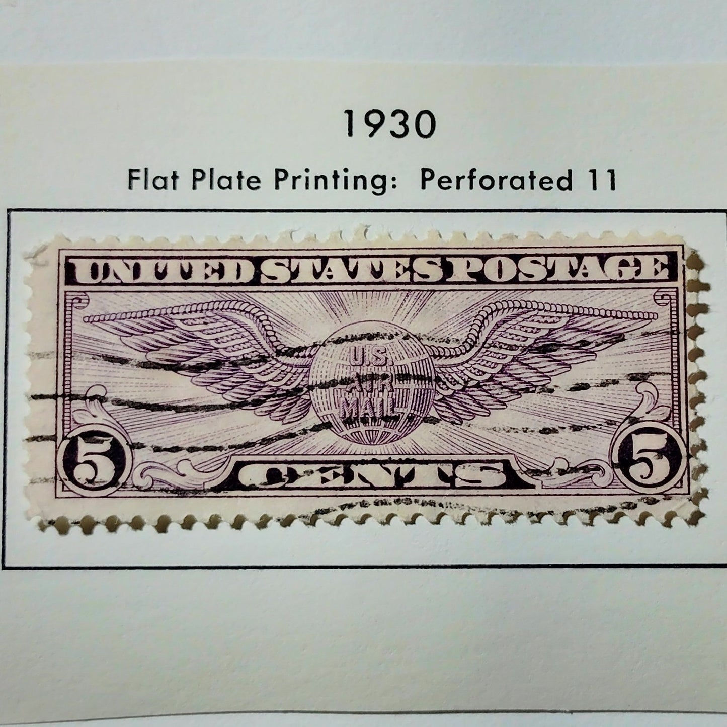 1930 U.S. Airmail 5¢ “Winged Globe” Stamp – Scott C12 – Violet – Used