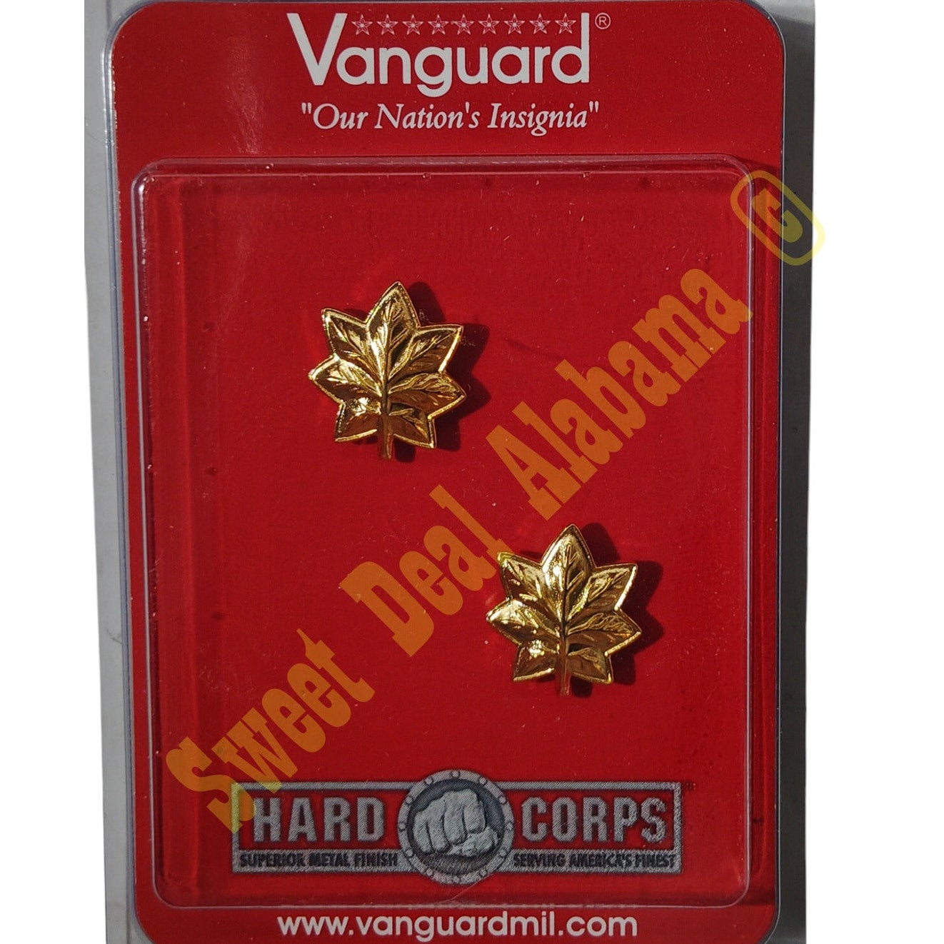 Vanguard Collar Device Pin: Major, Golden Oak Leaves, 3/4"H x 5/8"W