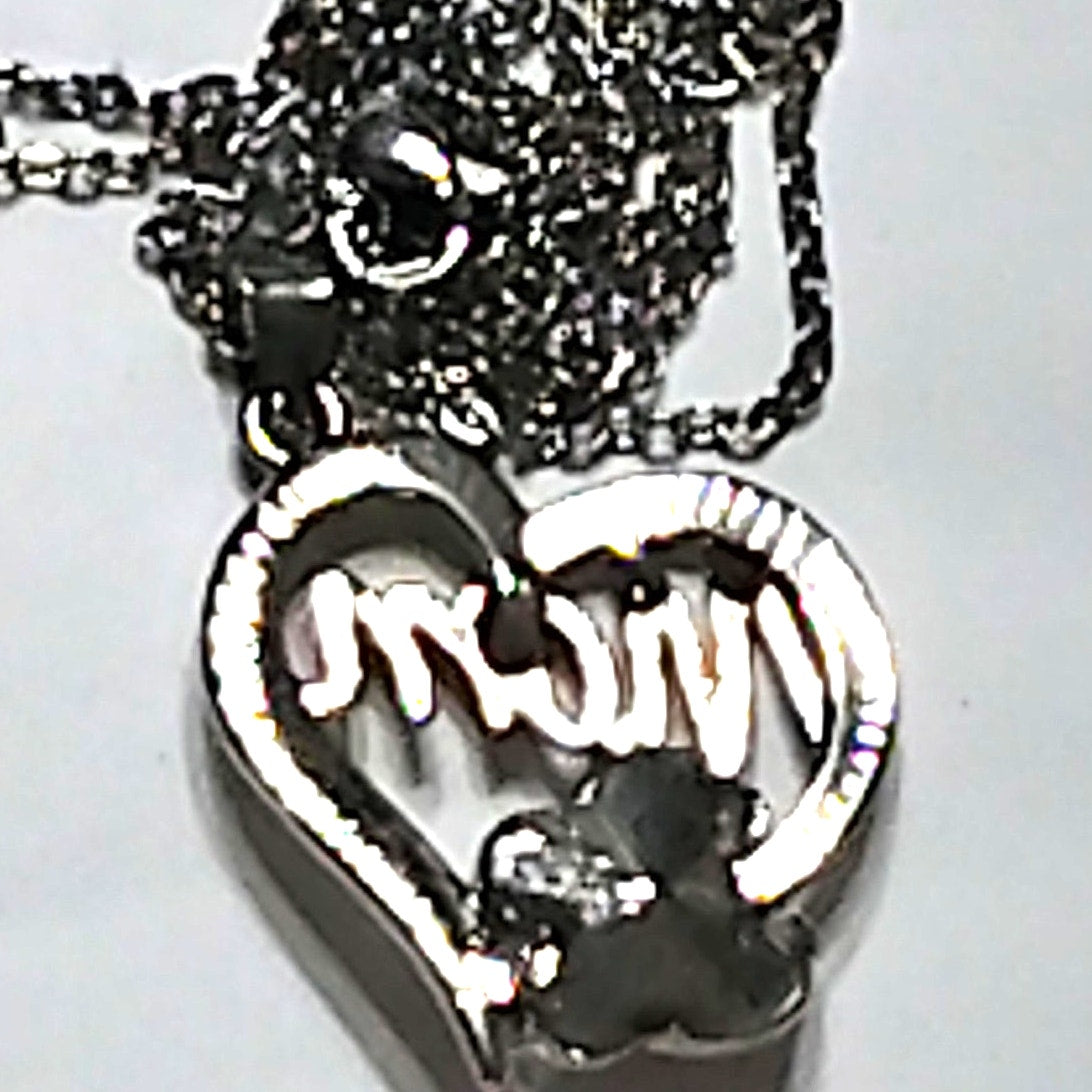Mom Heart 18" Necklace Silver‑Tone w/ Gold Script "Mom" & Red Crystal Butterfly