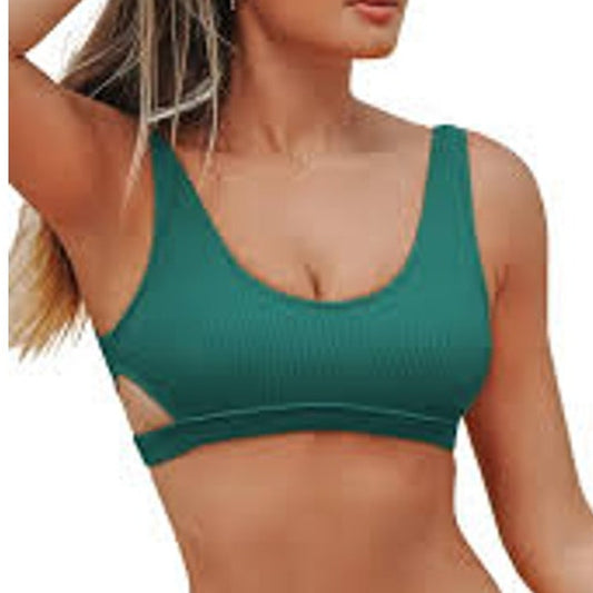 Cupshe Ribbed Scoop Neck Bikini Top, Green, Cutout Swim Women’s Medium