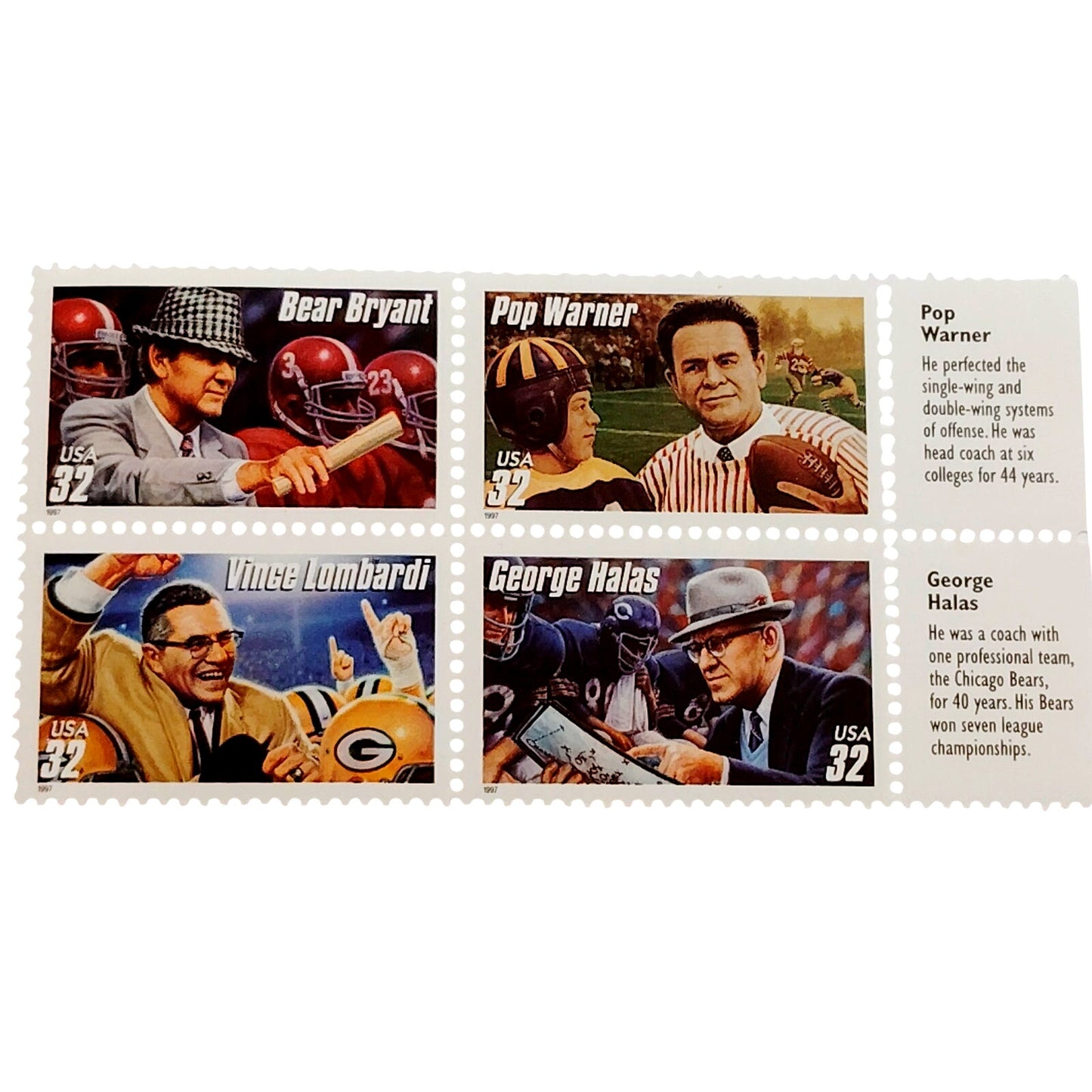 Block of 4 – 1996 USA 32¢ Legendary Football Coaches MNH Scott 3143–3146