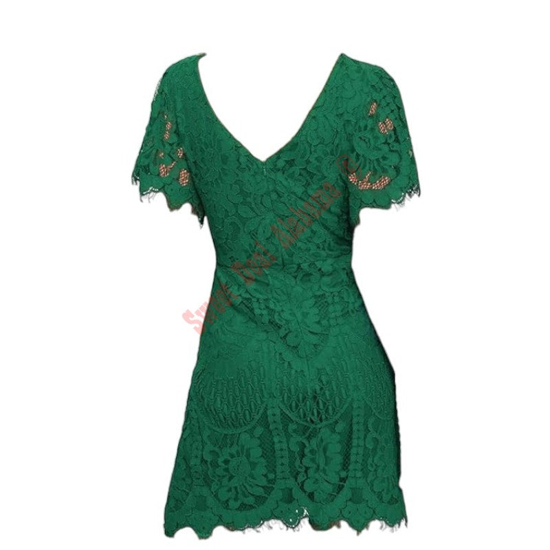 Elegant Round Neck V-Back Floral Lace Cocktail Party A Line Dress, Green, Size M