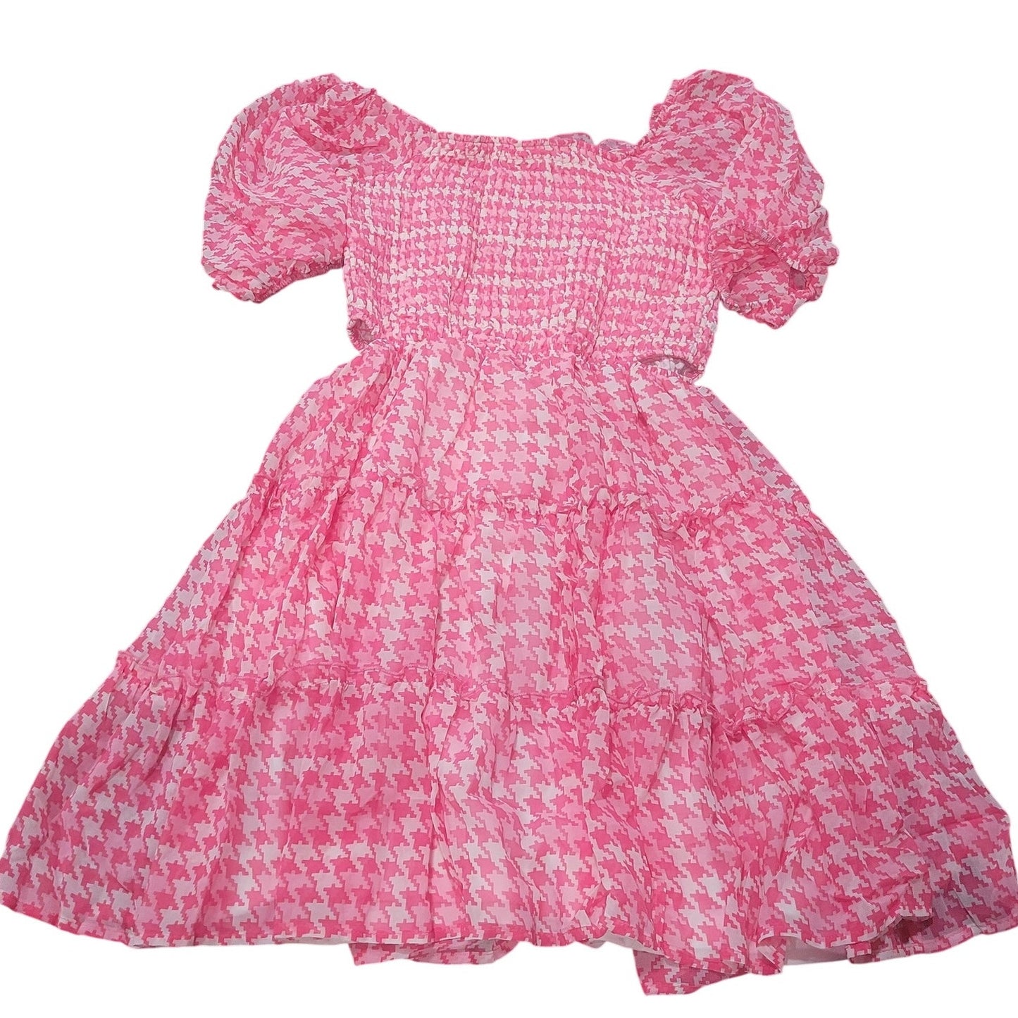 Art Class Girls' Smocked Bodice Tiered Dress, Pink & White Houndstooth XXL 16/18