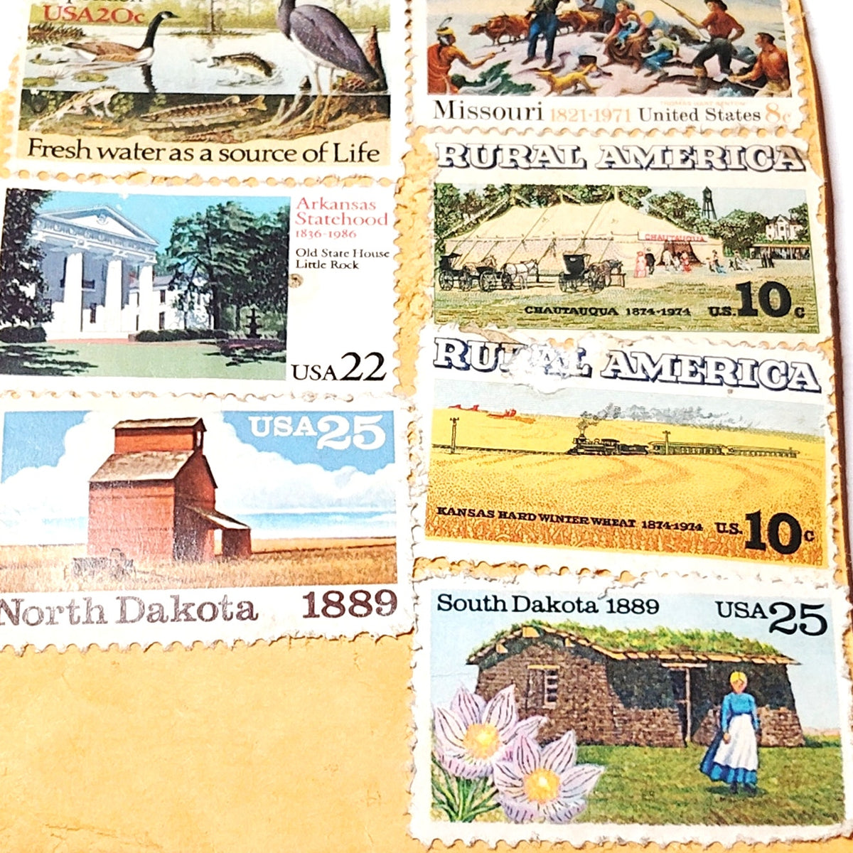 Vintage US Postage Stamps Collection - Historical & Nature Art on Tan Backing