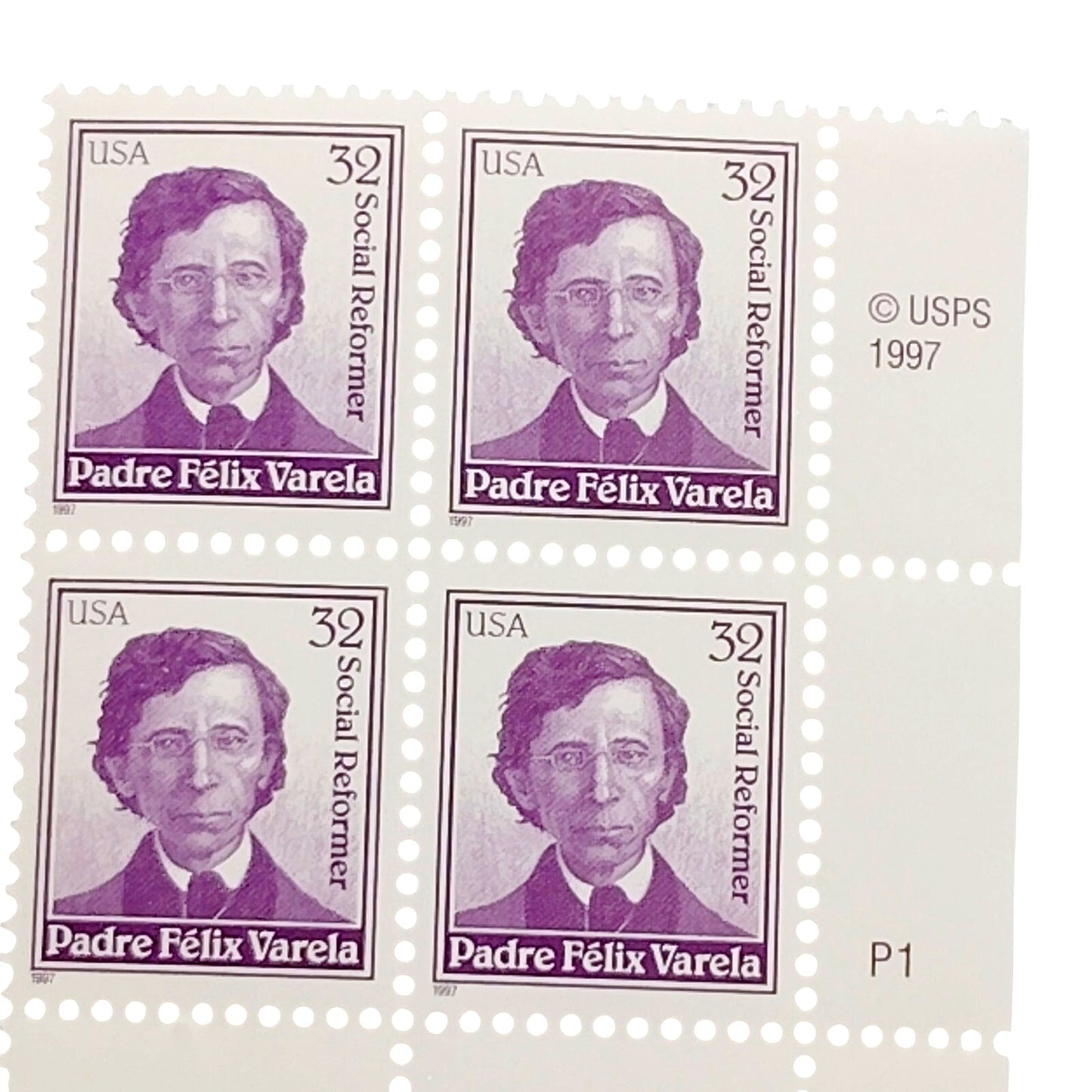 Plate Block of 4 – 1997 USA 32¢ Padre Félix Varela MNH Scott 3166 – Microprint