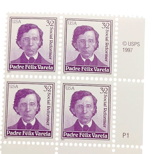 Plate Block of 4 – 1997 USA 32¢ Padre Félix Varela MNH Scott 3166 – Microprint