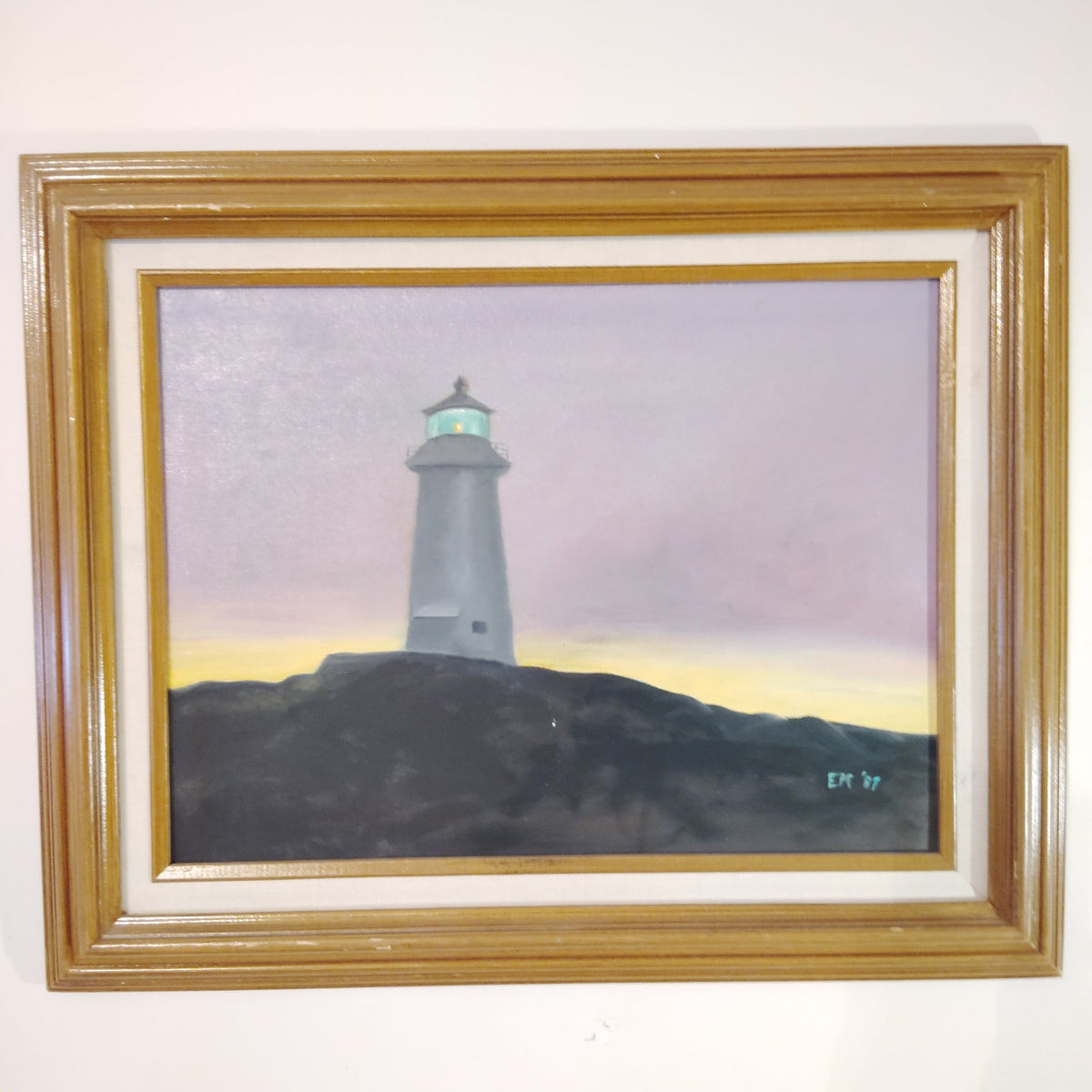 Vintage 1987 Framed Lighthouse Painting Signed EM '87 Coastal Canvas Gold Frame