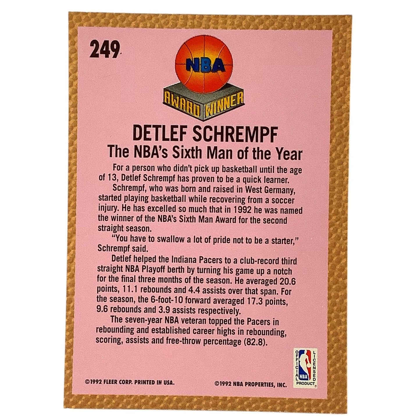 Detlef Schrempf, #249, Indiana Pacers, 1992-93 Fleer NBA's 6th Man of the Year