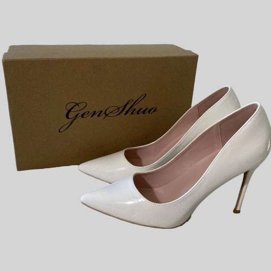 GENSHUO Women’s GS014‑WH‑8 Pointed Toe High Heels – White – 8cm Heel – Size 10